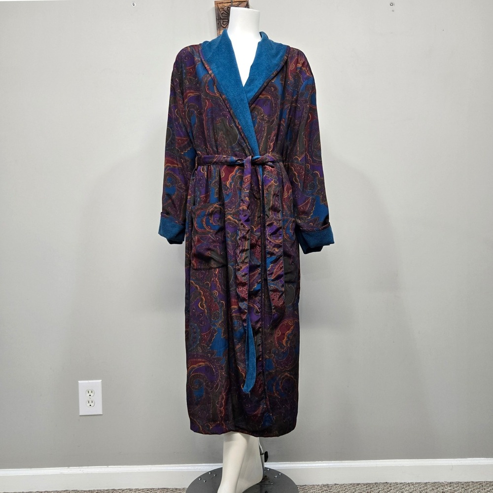 Vintage 90s Victorias Secret Robe M/L Paisley Terry Cloth Lined Maxi Pockets